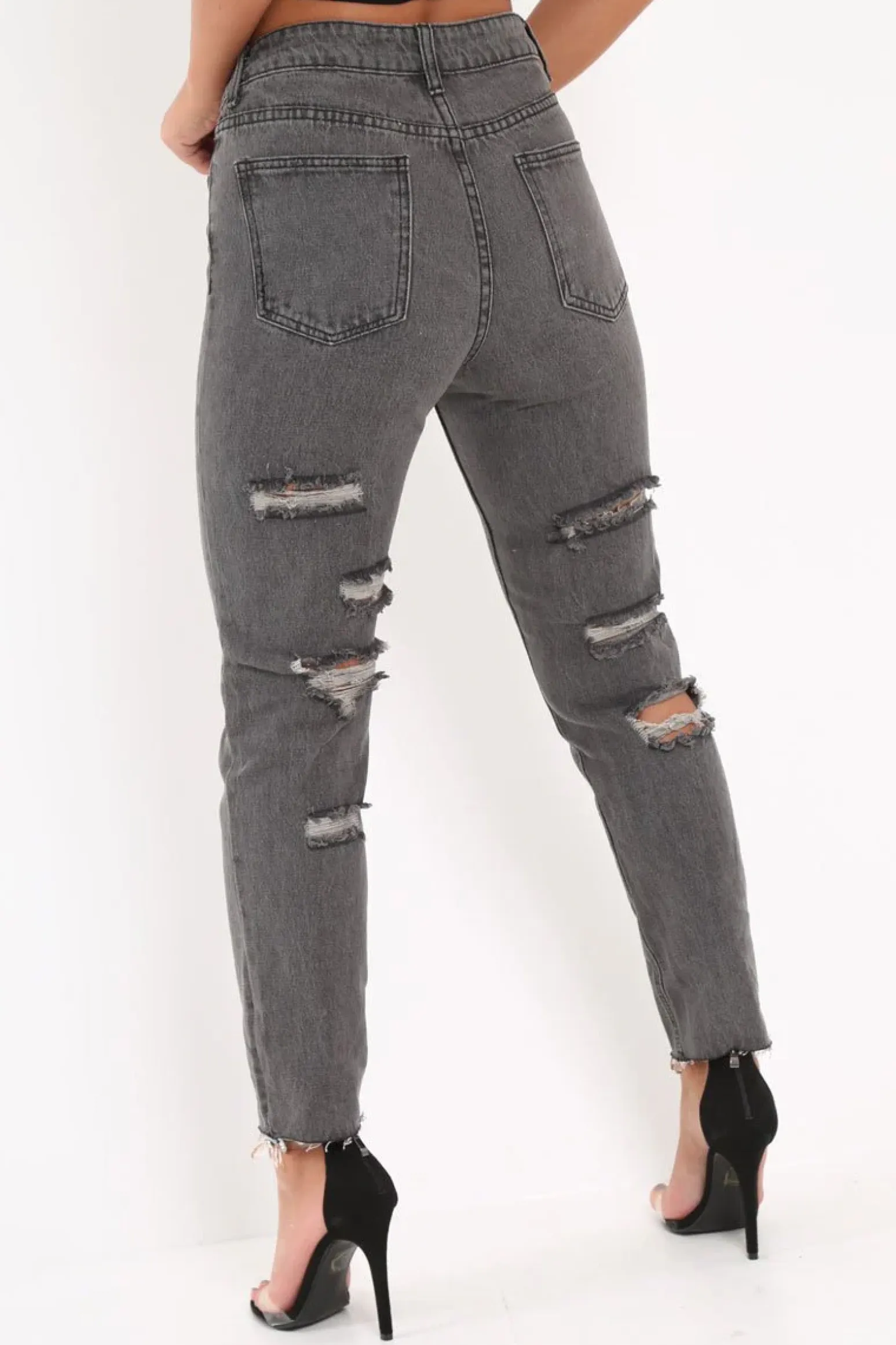 Rebellious Fashion Grey Back Rip Mom Jeans - Shanice