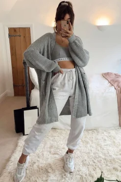 Rebellious Fashion GREY BALLOON SLEEVE LONGLINE KNIT CARDIGAN - ABBIE