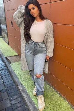 Rebellious Fashion GREY BALLOON SLEEVE LONGLINE KNIT CARDIGAN - ABBIE