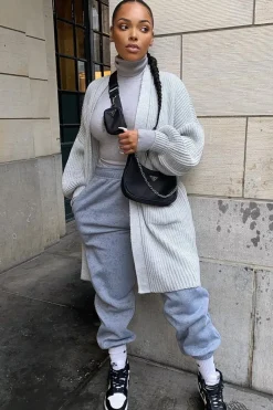 Rebellious Fashion GREY BALLOON SLEEVE LONGLINE KNIT CARDIGAN - ABBIE