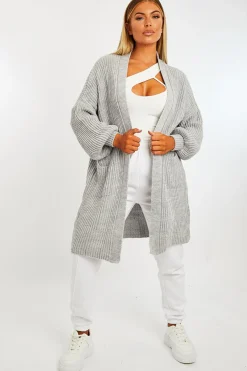 Rebellious Fashion GREY BALLOON SLEEVE LONGLINE KNIT CARDIGAN - ABBIE