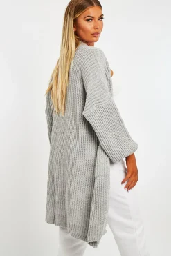 Rebellious Fashion GREY BALLOON SLEEVE LONGLINE KNIT CARDIGAN - ABBIE