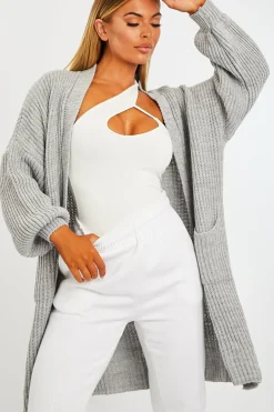 Rebellious Fashion GREY BALLOON SLEEVE LONGLINE KNIT CARDIGAN - ABBIE
