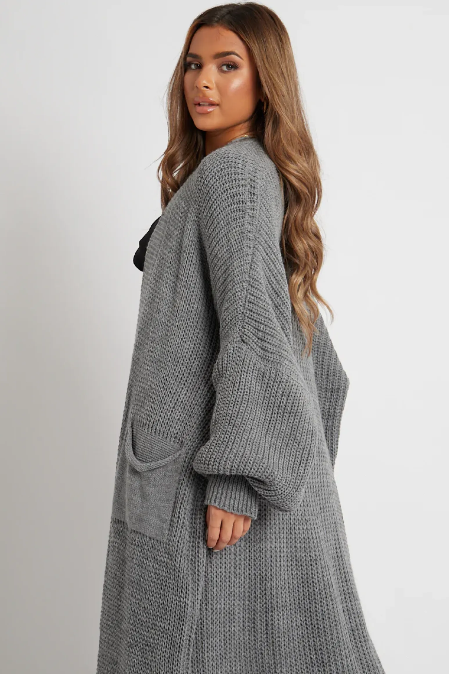 Rebellious Fashion Grey Balloon Sleeve Maxi Knit Cardigan - Imara