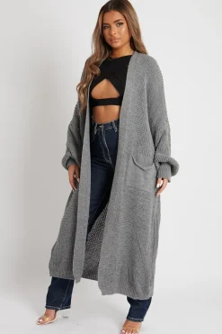 Rebellious Fashion Grey Balloon Sleeve Maxi Knit Cardigan - Imara