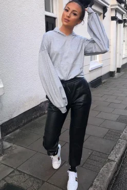 Rebellious Fashion Grey Balloon Sleeve Pocket Front Hoodie - Lainee