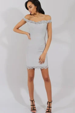 Rebellious Fashion Grey Bandage Bardot Crochet Trim Dress - Stasia