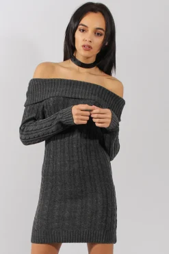 Rebellious Fashion Grey Bardot Cable Knit Jumper Dress - Peeta