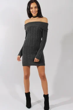 Rebellious Fashion Grey Bardot Cable Knit Jumper Dress - Peeta