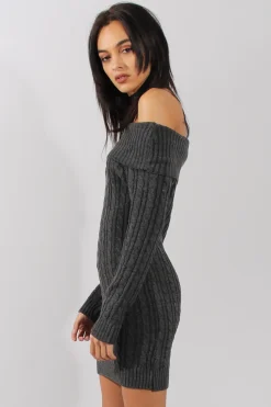Rebellious Fashion Grey Bardot Cable Knit Jumper Dress - Peeta