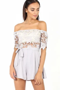 Rebellious Fashion Grey Bardot Crochet Playsuit - Wynn