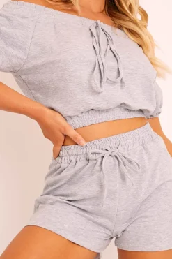 Rebellious Fashion Grey Bardot Crop and Shorts Loungewear Co-ord - Jahari