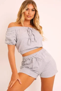 Rebellious Fashion Grey Bardot Crop and Shorts Loungewear Co-ord - Jahari