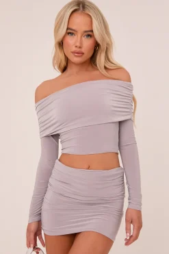 Rebellious Fashion Grey Bardot Cropped Top & Mini Skirt Co-ord Set - Ariel