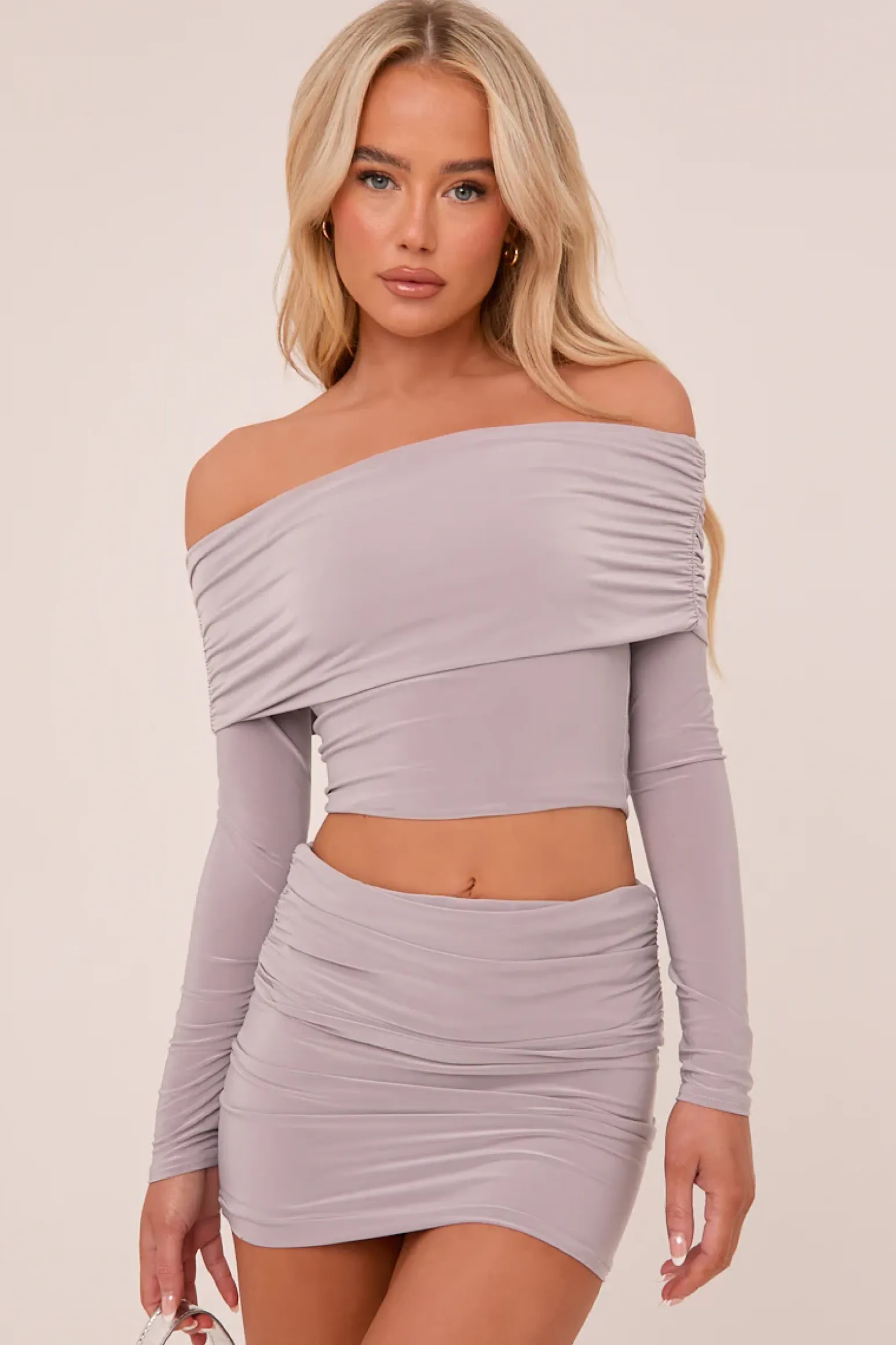 Rebellious Fashion Grey Bardot Cropped Top & Mini Skirt Co-ord Set - Ariel