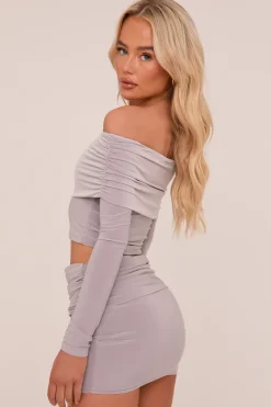 Rebellious Fashion Grey Bardot Cropped Top & Mini Skirt Co-ord Set - Ariel