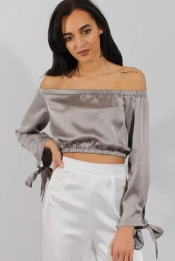 Rebellious Fashion Grey Bardot Crop Top - Sasha