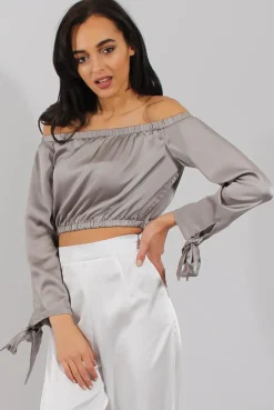 Rebellious Fashion Grey Bardot Crop Top - Sasha