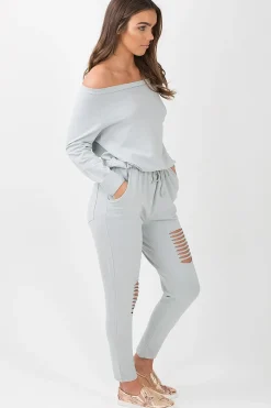 Rebellious Fashion Grey Bardot Distressed Jumpsuit - Bethan