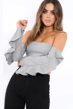 Rebellious Fashion Grey Bardot Frill Sleeve Crop Top - Makayla