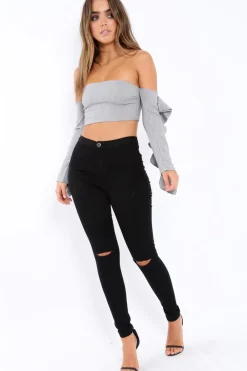 Rebellious Fashion Grey Bardot Frill Sleeve Crop Top - Makayla