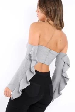 Rebellious Fashion Grey Bardot Frill Sleeve Crop Top - Makayla