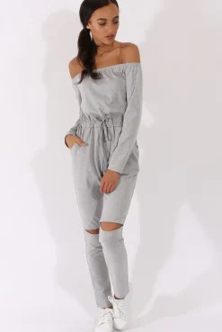 Rebellious Fashion Grey Bardot Split Knee Jumpsuit - Coran