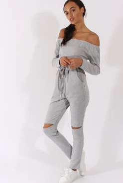 Rebellious Fashion Grey Bardot Split Knee Jumpsuit - Coran