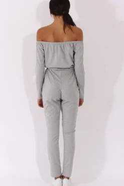 Rebellious Fashion Grey Bardot Split Knee Jumpsuit - Coran
