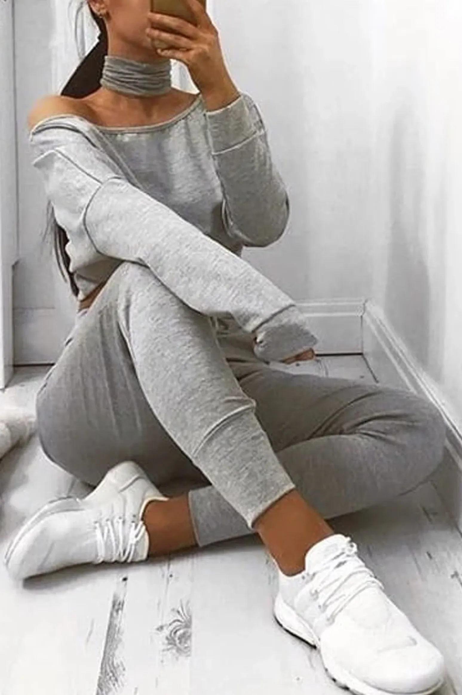 Rebellious Fashion Grey Bardot Sweatshirt and Joggers Loungewear Set - Marnie