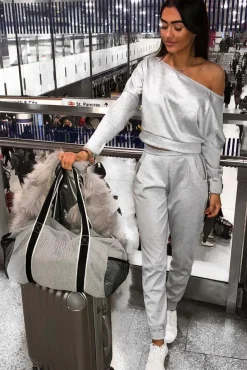 Rebellious Fashion Grey Bardot Sweatshirt and Joggers Loungewear Set - Marnie