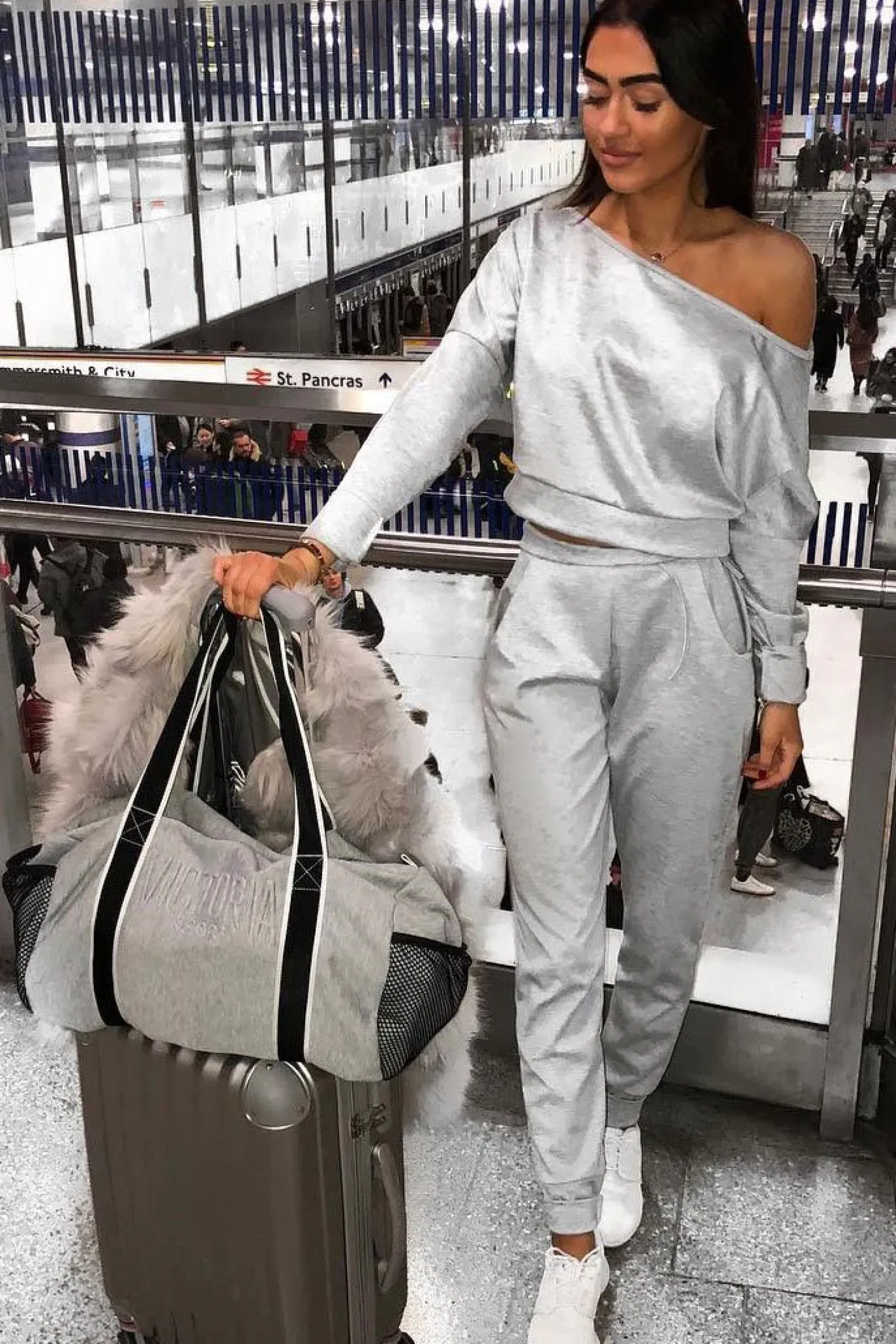Rebellious Fashion Grey Bardot Sweatshirt and Joggers Loungewear Set - Marnie