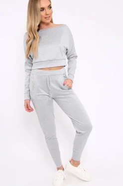 Rebellious Fashion Grey Bardot Sweatshirt and Joggers Loungewear Set - Marnie