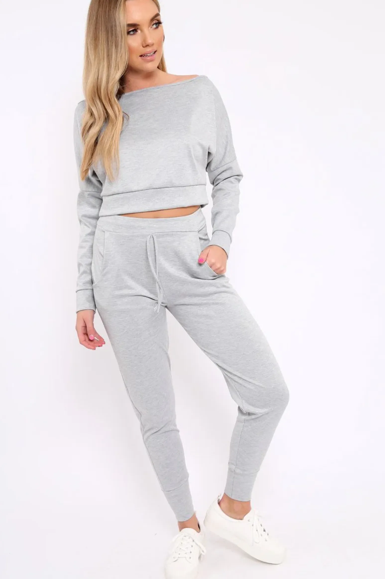 Rebellious Fashion Grey Bardot Sweatshirt and Joggers Loungewear Set - Marnie