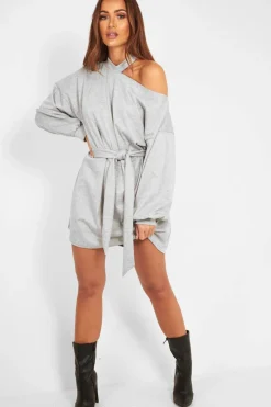 Rebellious Fashion Grey Belted Cold Shoulder Jumper Dress - Elston