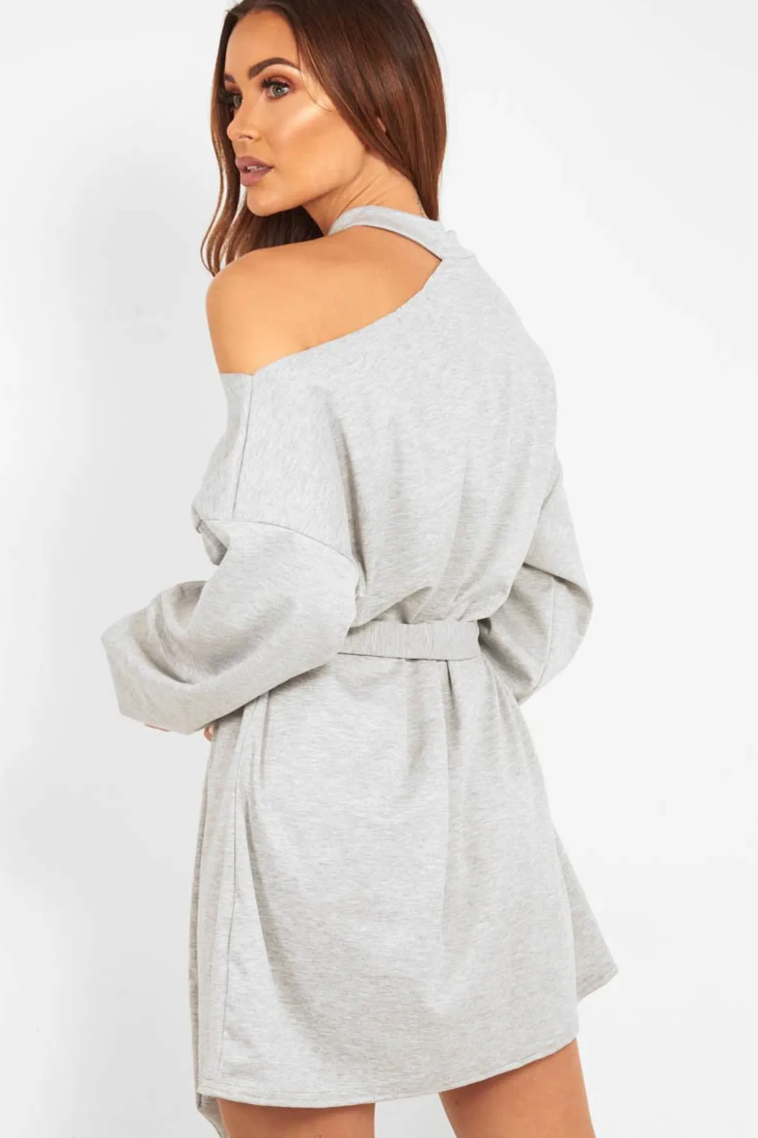 Rebellious Fashion Grey Belted Cold Shoulder Jumper Dress - Elston