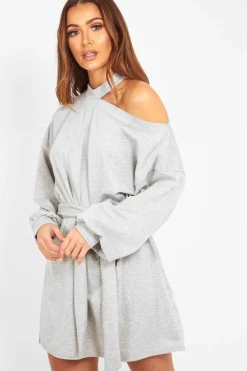 Rebellious Fashion Grey Belted Cold Shoulder Jumper Dress - Elston