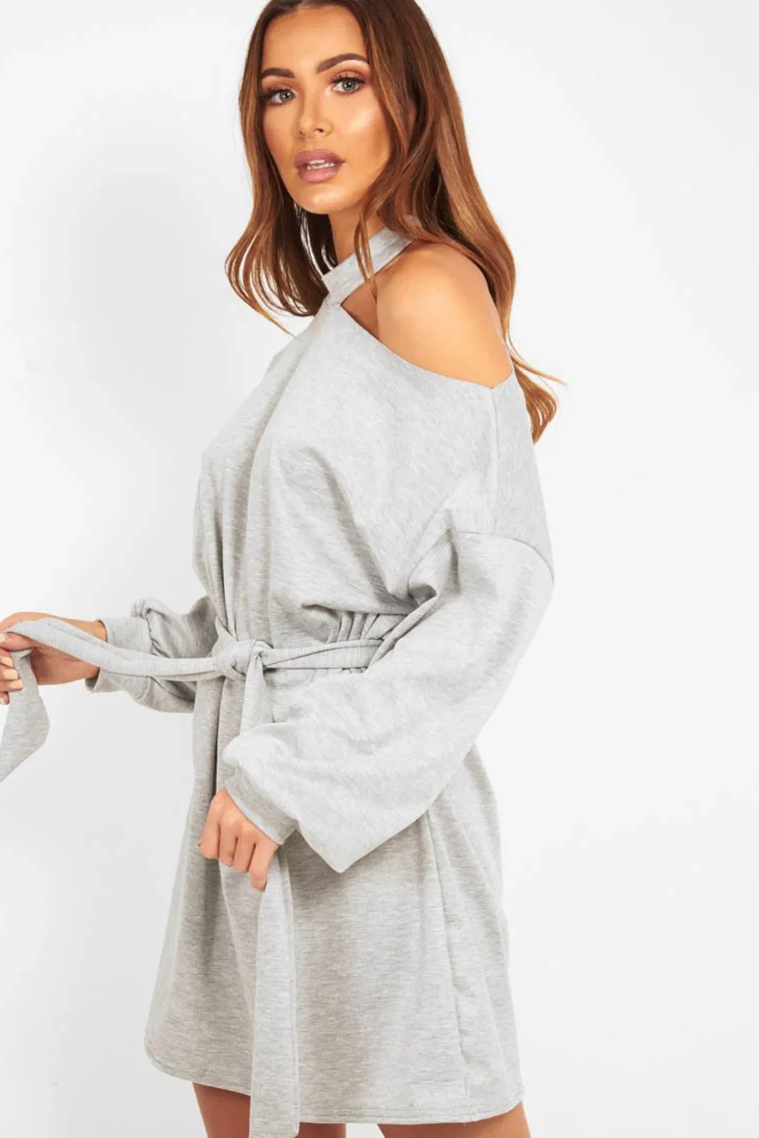 Rebellious Fashion Grey Belted Cold Shoulder Jumper Dress - Elston