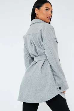 Rebellious Fashion Grey Belted Pocket Front Shacket - Stella