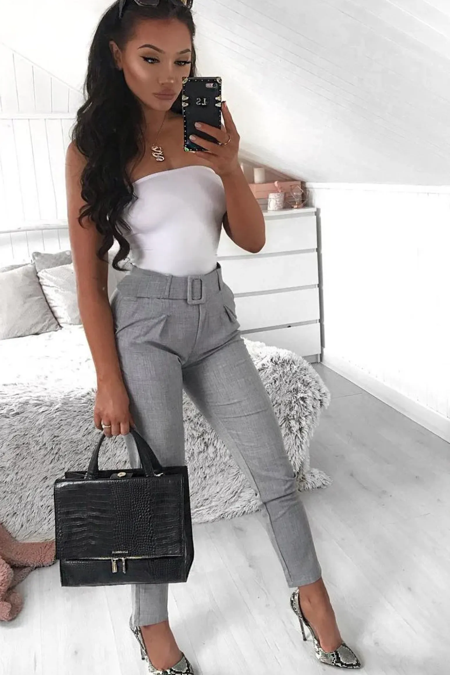 Rebellious Fashion Grey Belted Tailored Trousers - Celena