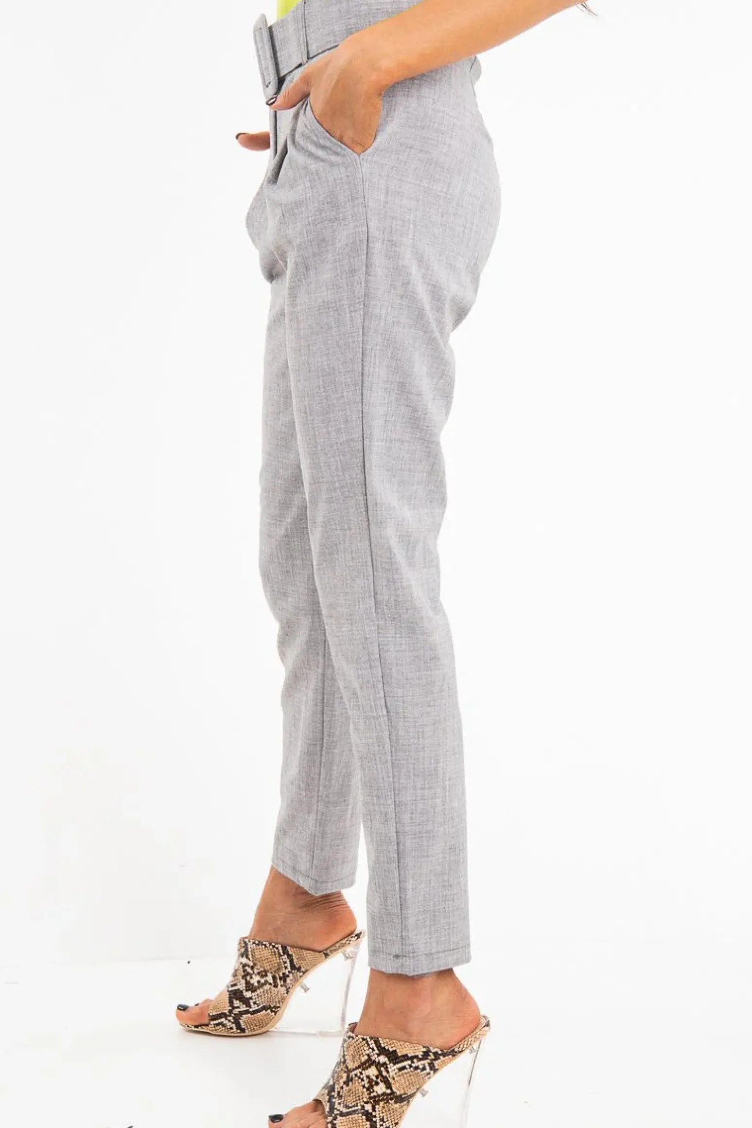 Rebellious Fashion Grey Belted Tailored Trousers - Celena
