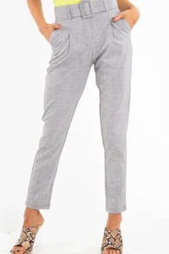Rebellious Fashion Grey Belted Tailored Trousers - Celena
