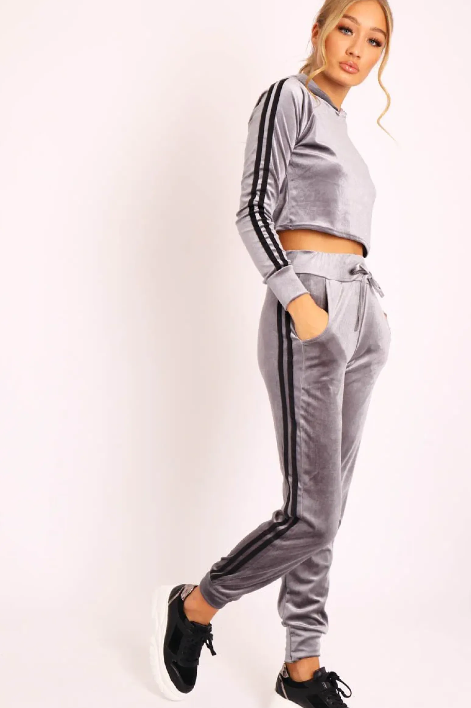 Rebellious Fashion Grey Black Stripes Velvet Hoodie and Joggers Co-ord - Matie