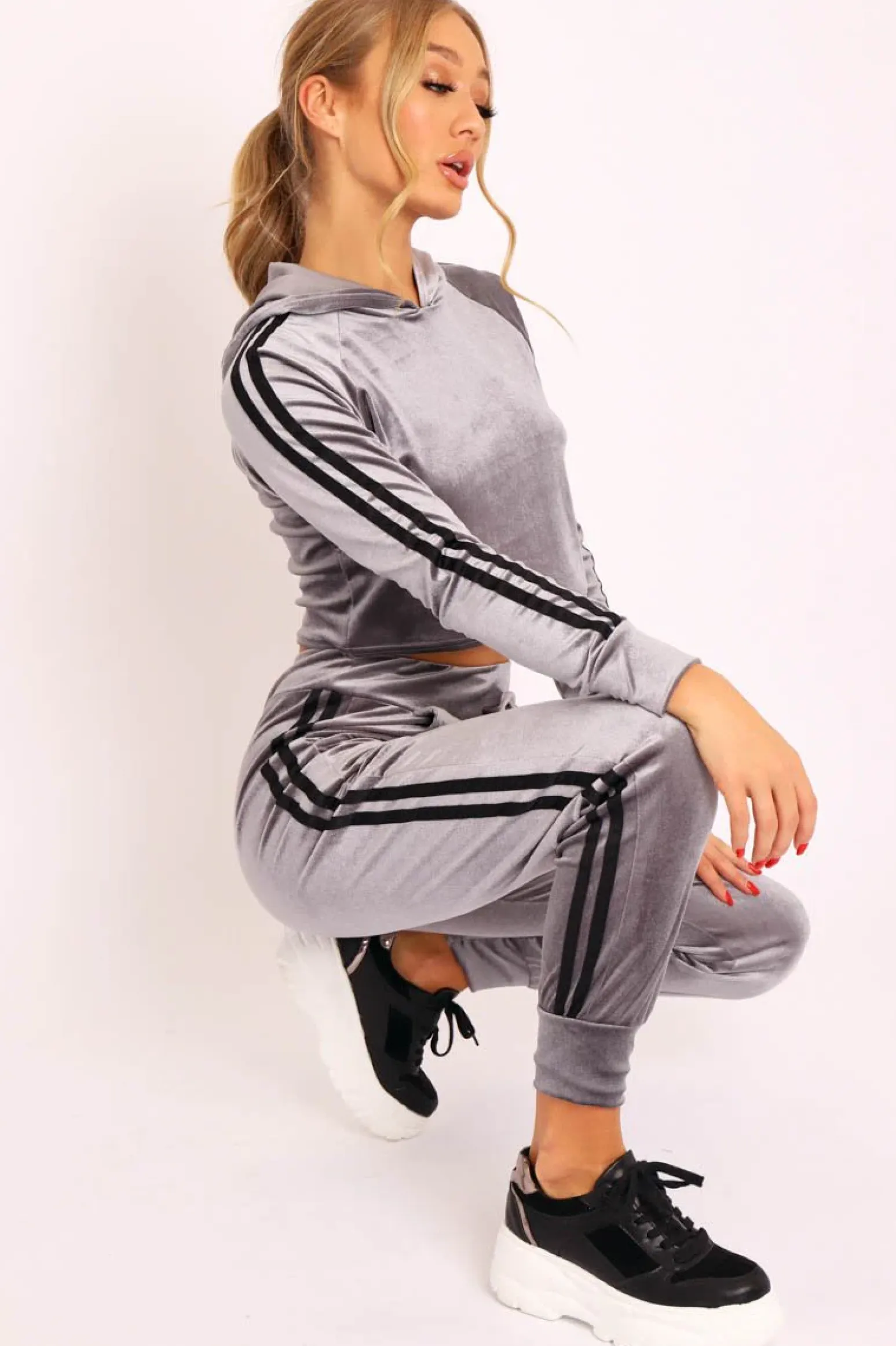 Rebellious Fashion Grey Black Stripes Velvet Hoodie and Joggers Co-ord - Matie
