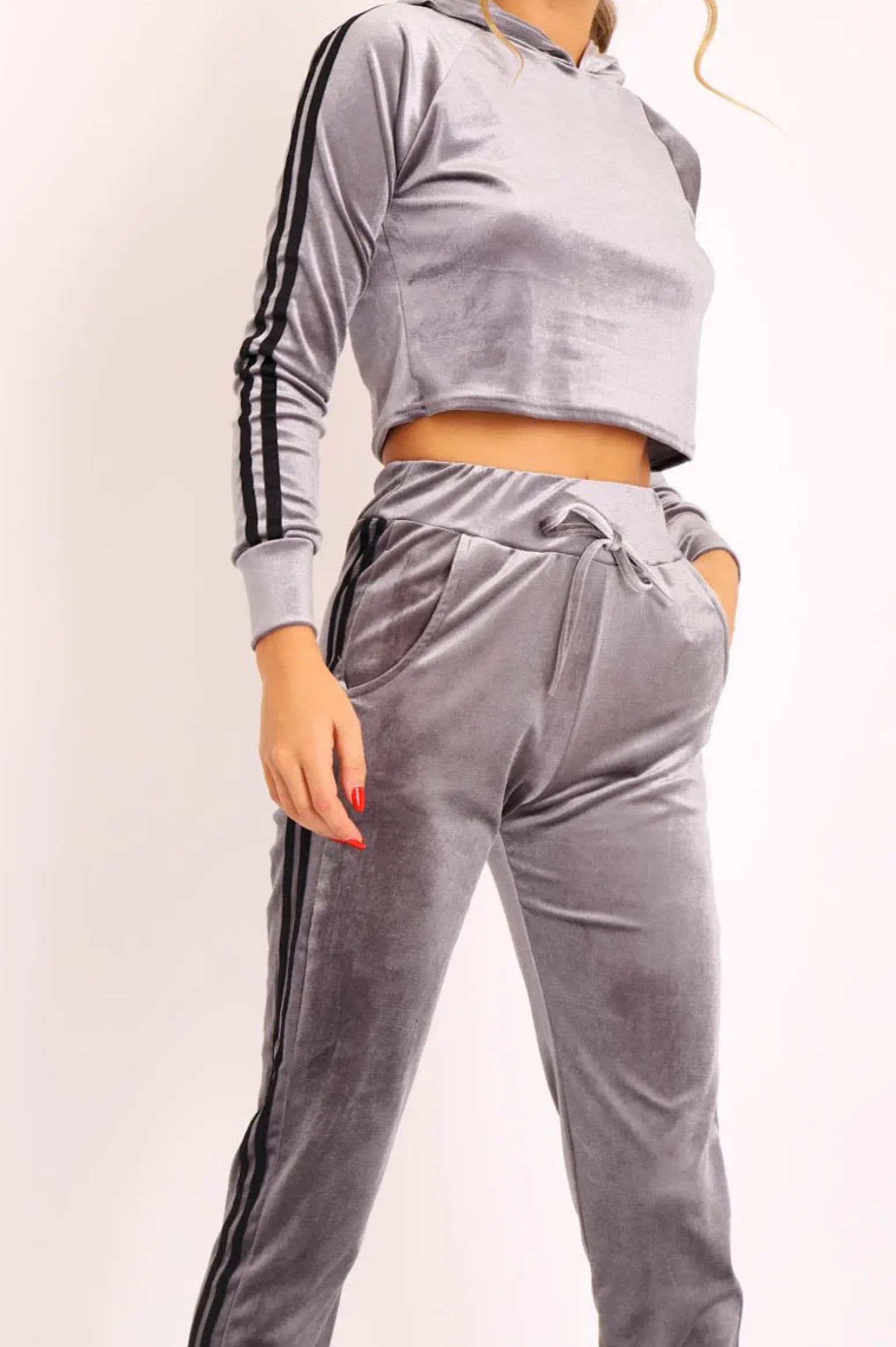 Rebellious Fashion Grey Black Stripes Velvet Hoodie and Joggers Co-ord - Matie