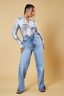Rebellious Fashion Grey Body Print Long Sleeve Bodysuit - Willow