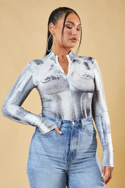 Rebellious Fashion Grey Body Print Long Sleeve Bodysuit - Willow