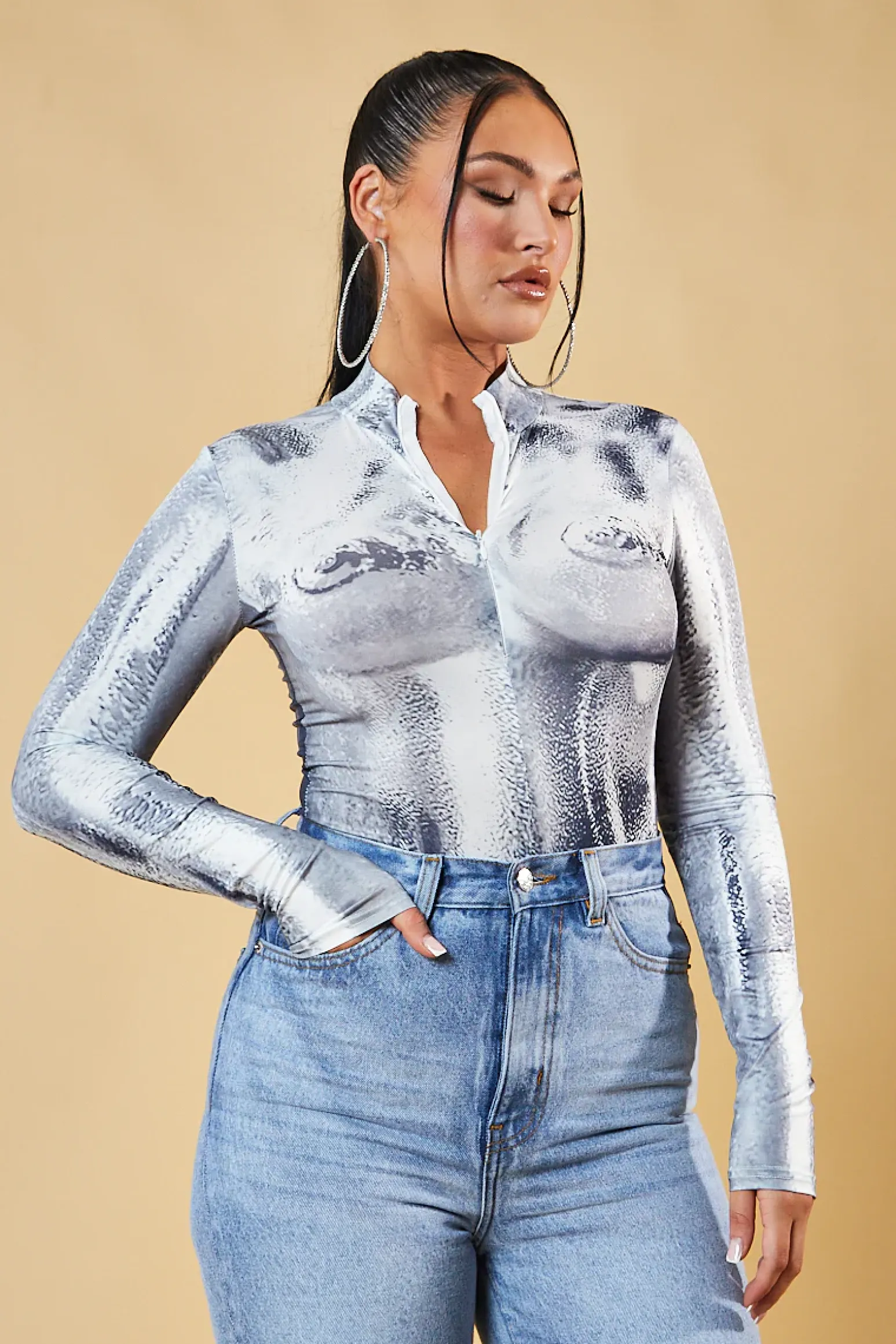 Rebellious Fashion Grey Body Print Long Sleeve Bodysuit - Willow