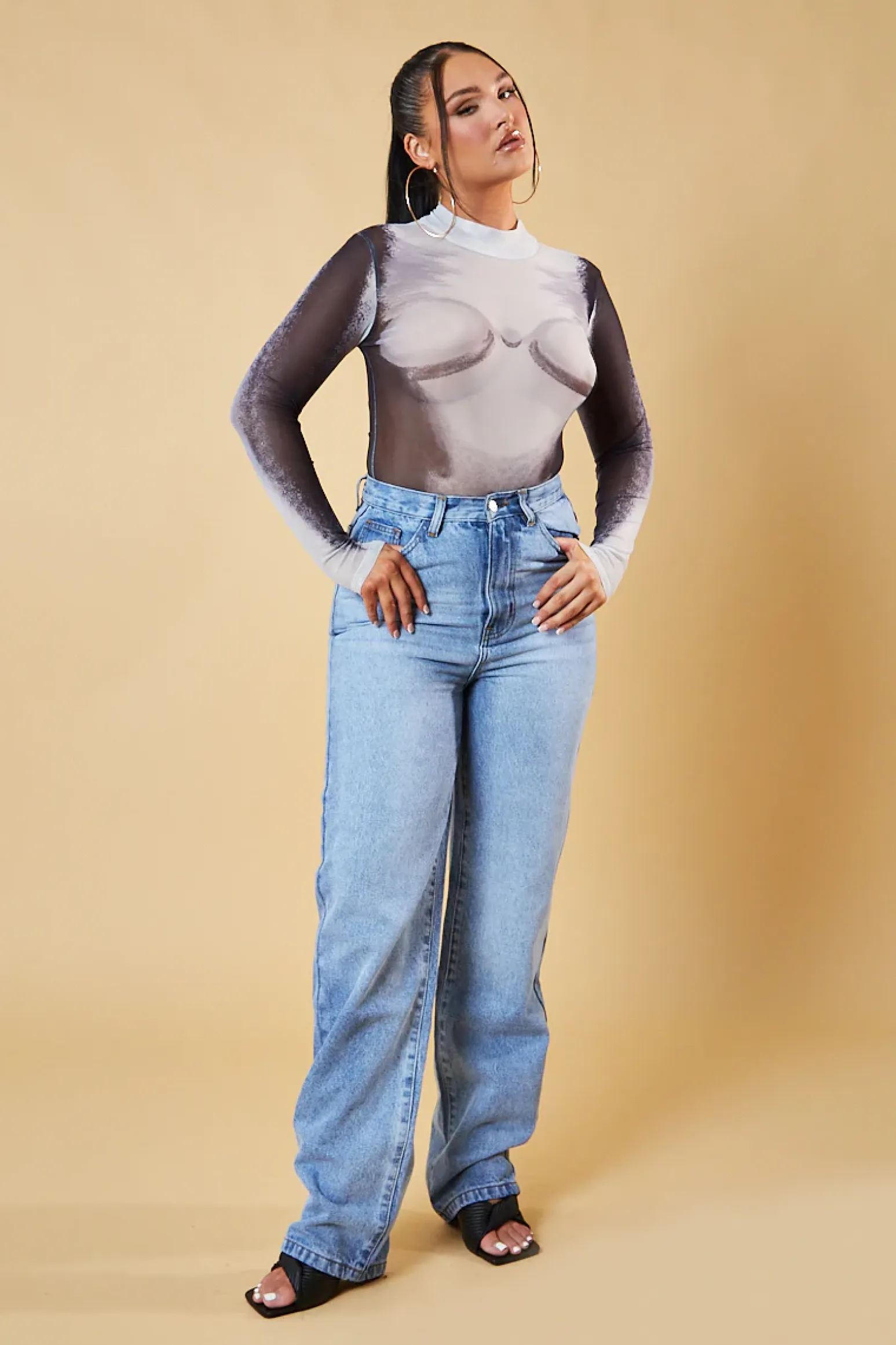 Rebellious Fashion Grey Body Print Long sleeve Bodysuit - Isla