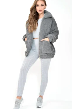 Rebellious Fashion Grey Borg Zipper Front Pocket Coat - Jacklynn